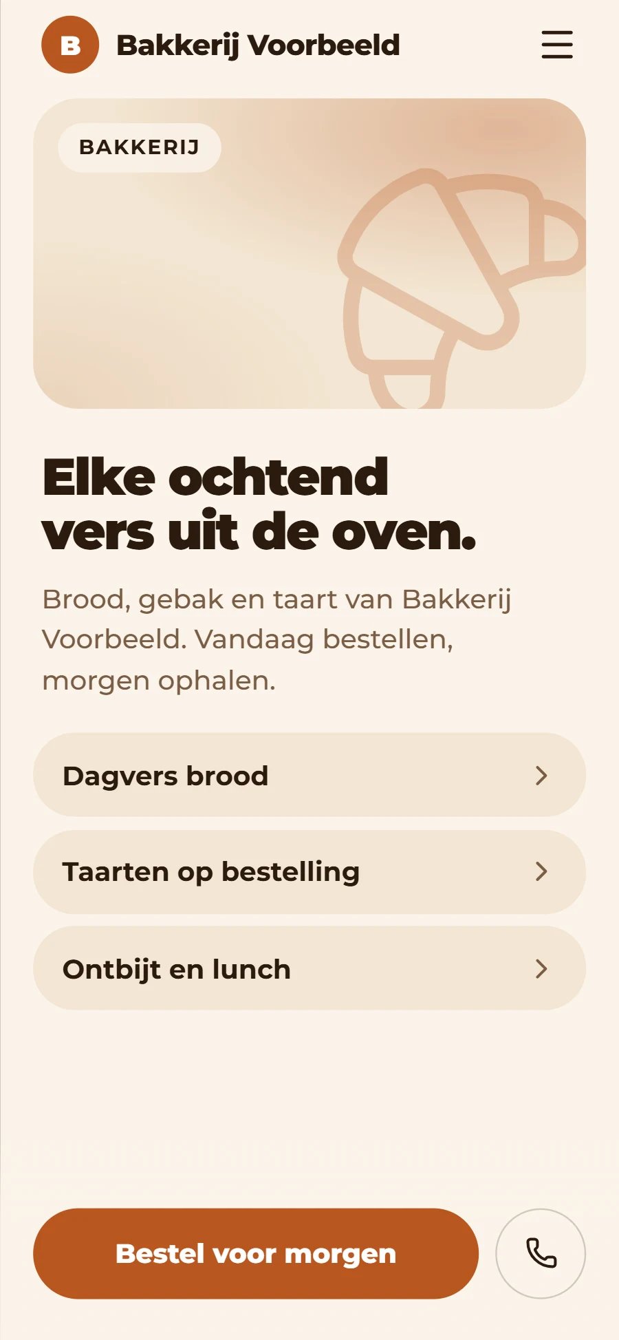 Voorbeeldsite voor een bakkerij op een telefoon